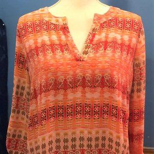 High Low Sheer Tunic Top ~ Long Adjustable Sleeves ~ Orange Brown Pink Print